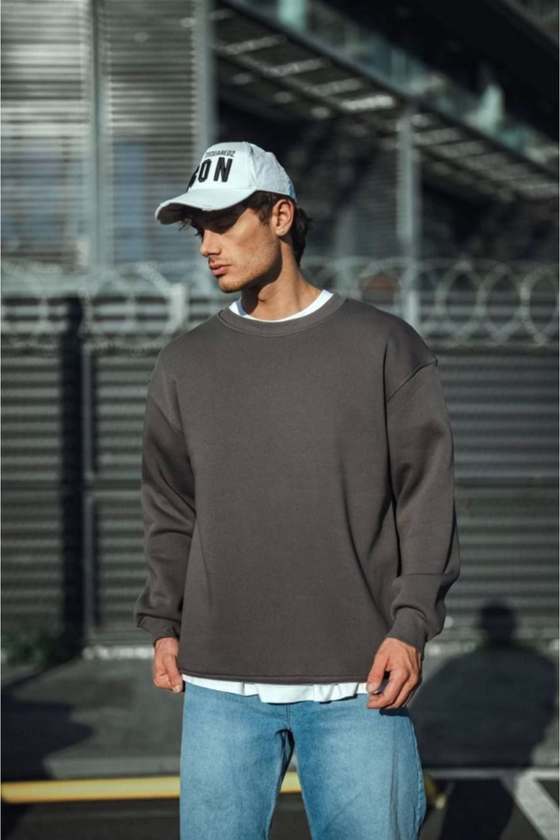 Winter Crew Neck Three Thread Basic Sweatshirt - Anthracite - 3