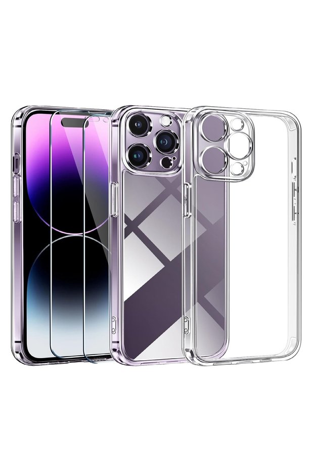 (2 Glasses + 1 Case) iPhone 14 Pro Compatible 1 Transparent Silicone Case + 2 Glass Screen Protectors