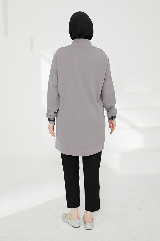 Çift Cepli Yarım Fermuarlı Tunik - Gri - 3