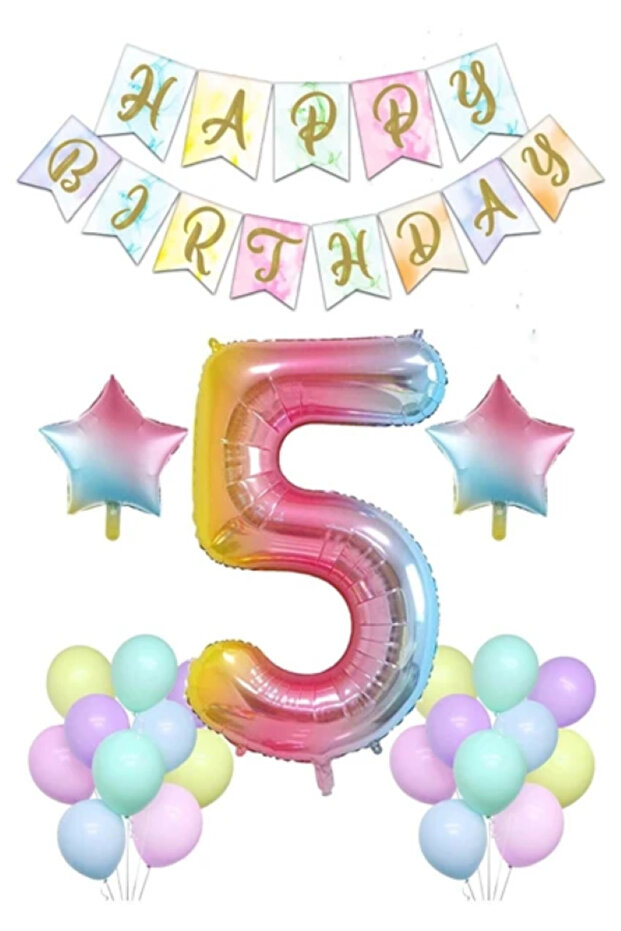 Gökkuşağı Konsepti 5 Yaş Doğum Günü Parti Kutlama Seti Rakam Ve Yıldız Folyo Banner Ve Makaron Balon - 1