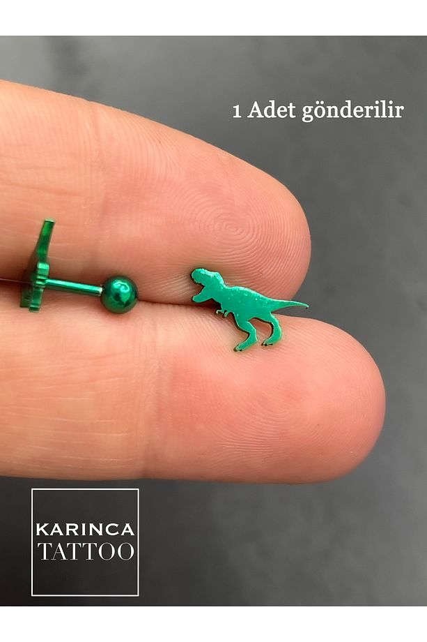 T Rex Yeşil Dinozor Kulak Piercing Cerrahi Çelik Tragus Flat Conch Forward Helix Küpe - 2