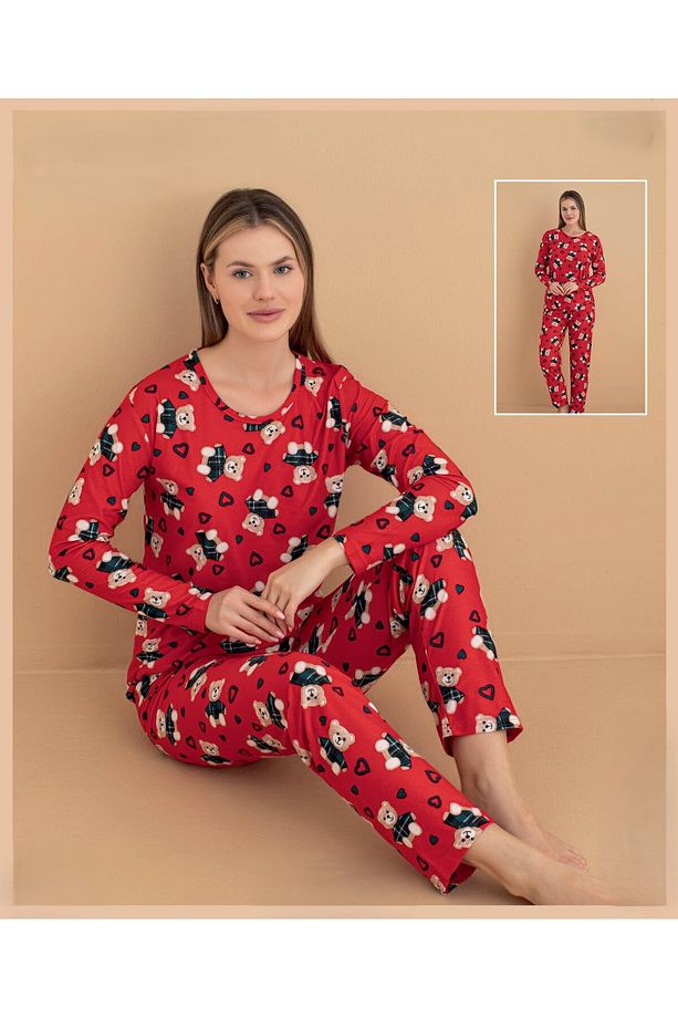 Ayıcıklı Kalpli Kırmızı Süet Kadife Uzun Kol Pijama Takımı - 1
