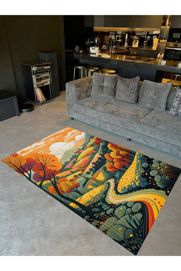 Kubilay Collection Multicolored Mountain Road Tree and Flowers Pattern Woven Base Modern Decorative Carpet 10