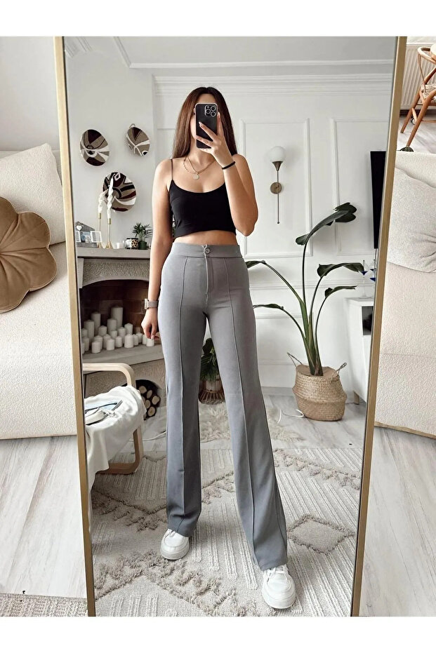 Women's Gray Crepe Fabric Lycra Front Turned Flared Leg Palazzo Trousers
