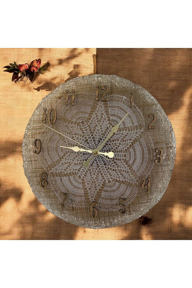 Epoksi Reçine Duvar Saati - Hasır Ve Dantel - Çapı : 30 Cm - 1