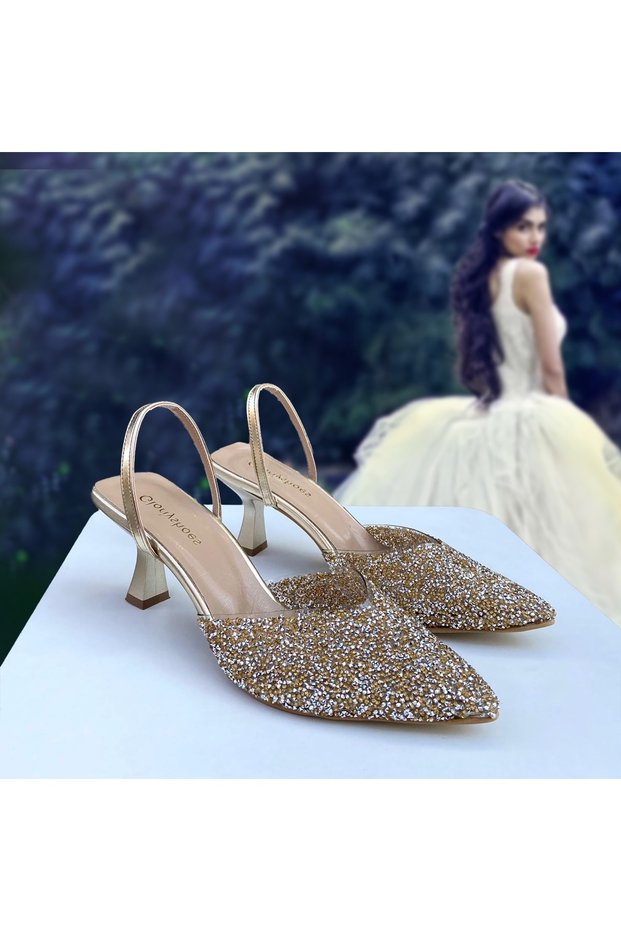 Gold Glass Stone 6 cm Heel Shoes 01210
