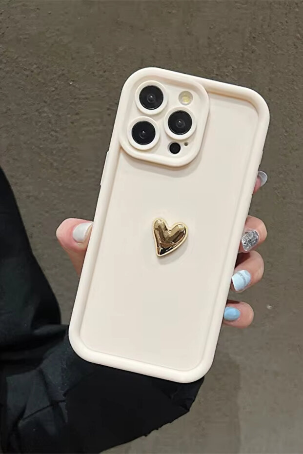 iPhone 14 Pro Max Compatible Case 3D Gold Heart Shock Resistant Soft Camera Protection Cover White