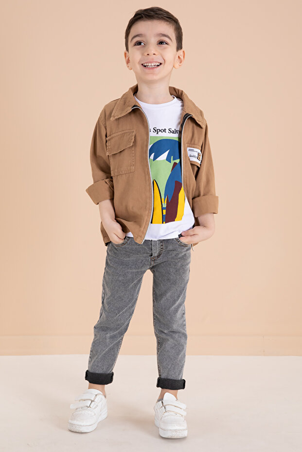 Coffee Zippered Jacket and T-Shirt Boys' 3-Piece Top and Bottom Set 19964