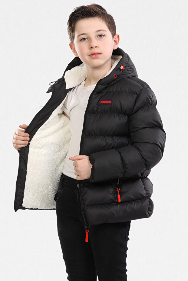 Thick Waterproof Hooded Inflatable Children's Coat with Black Fur Inside