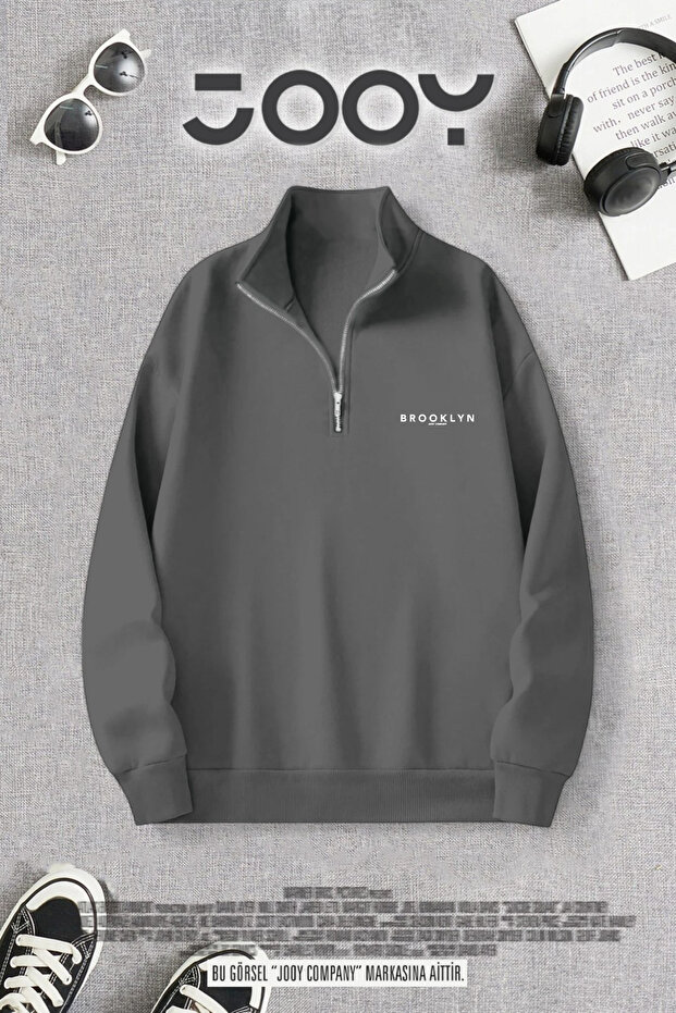 Smoke Grey Half Zip Brooklyn Jc Printed 3 Thread Sweatshirt