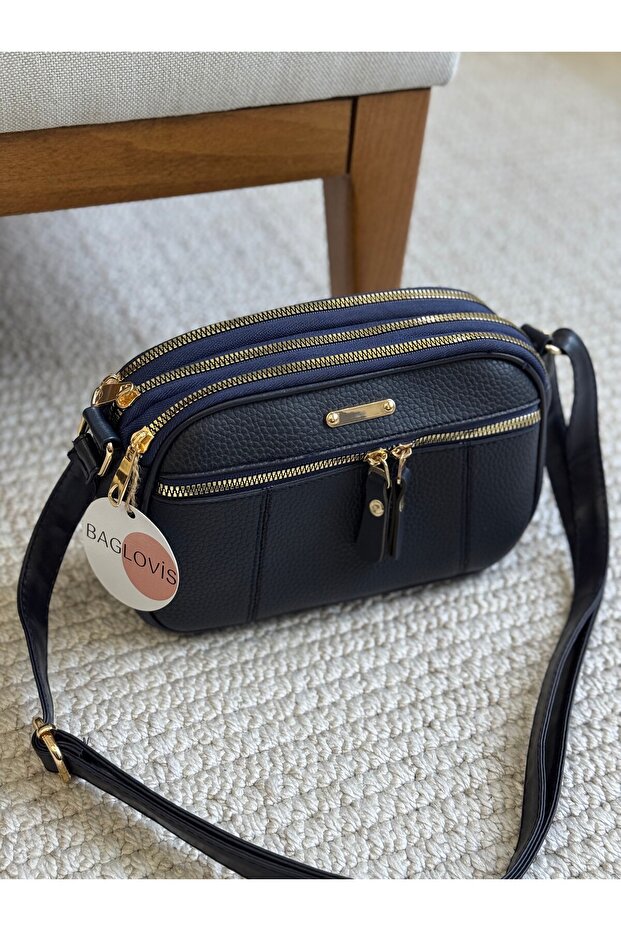 Dark Blue Women's Shoulder Bag with Multi-Pocket with Front Zipper