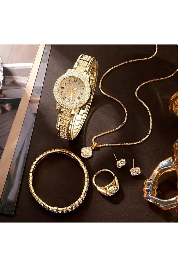 5 Adet Moda Saat ve Takı Seti, Rhinestone Süslemeli - 6