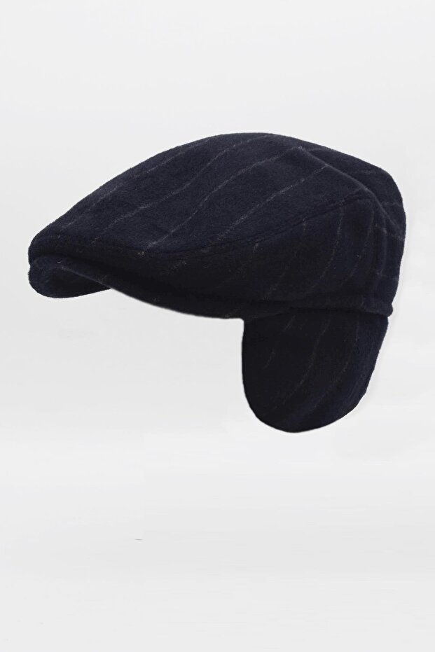 Men's Herringbone Patterned Wool Navy Blue Eared Cap Hat - 1