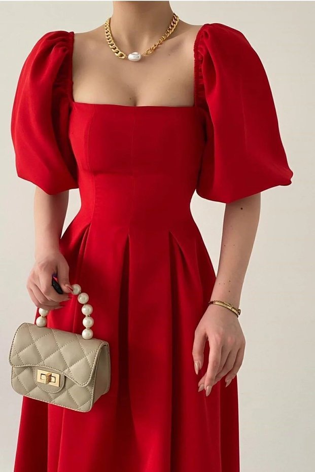 Women's Atlas Fabric Strapless Collar Pleated Flared Cut Midi Length Short Balloon Sleeve Red Evening Dress 167