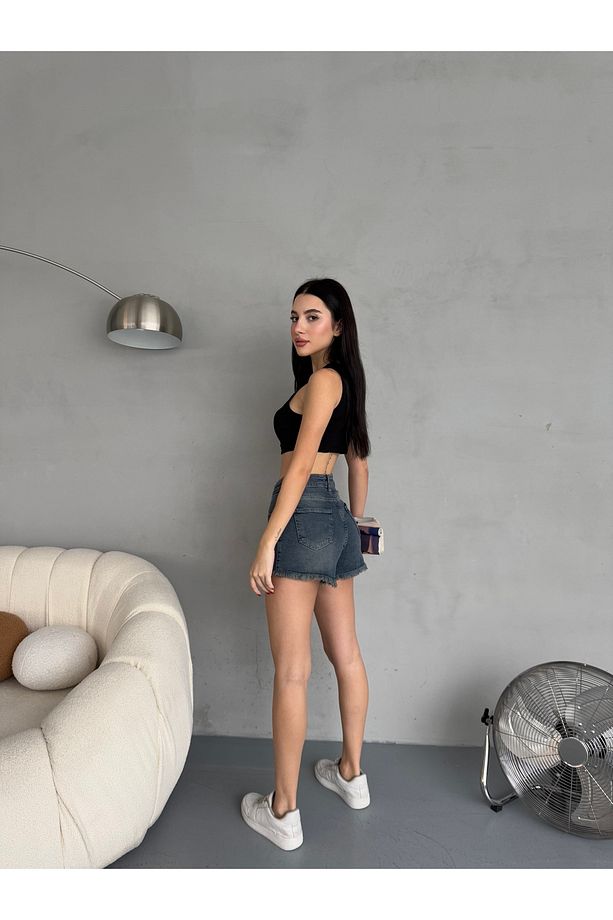 Kadın Yüksek Bel Paçası Püsküllü Denim Kot Şort - 7