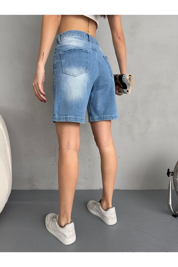 Kadın Efektli Yüksek Bel Bermuda Denim Kot Şort - 4