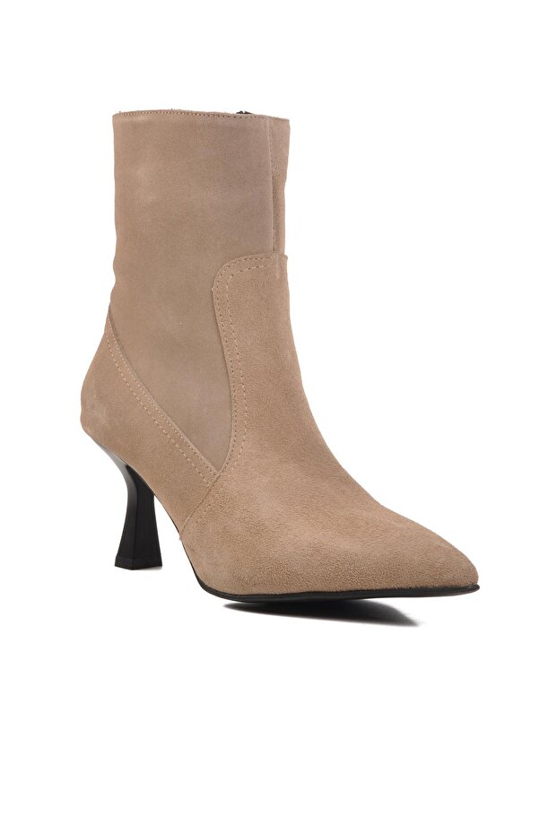 Ds-60 Beige Suede Genuine Leather Women's Heeled Boots with Fleece Inside