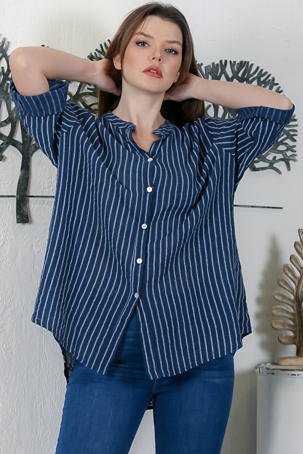 Italian Navy Blue Button 3/4 Sleeve Striped Casual Long Back Woven Shirt 75 65