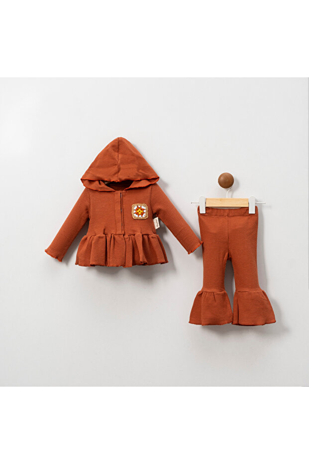 Motif Pattern Pocketed Hooded Woven Cardigan and Spanish Leg Set