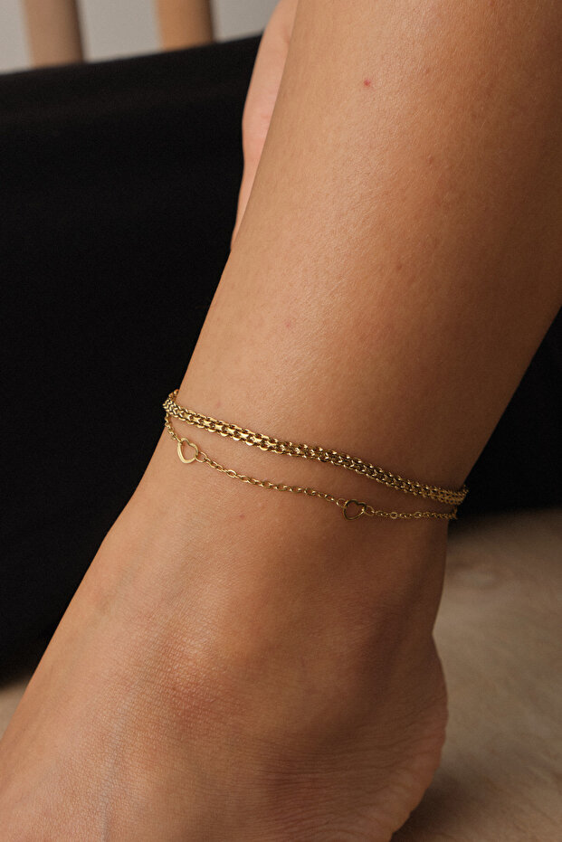 Steel 2-Piece Combination Knitted and Heart Chain Anklet, Non-Tarnishable, 22+4cm