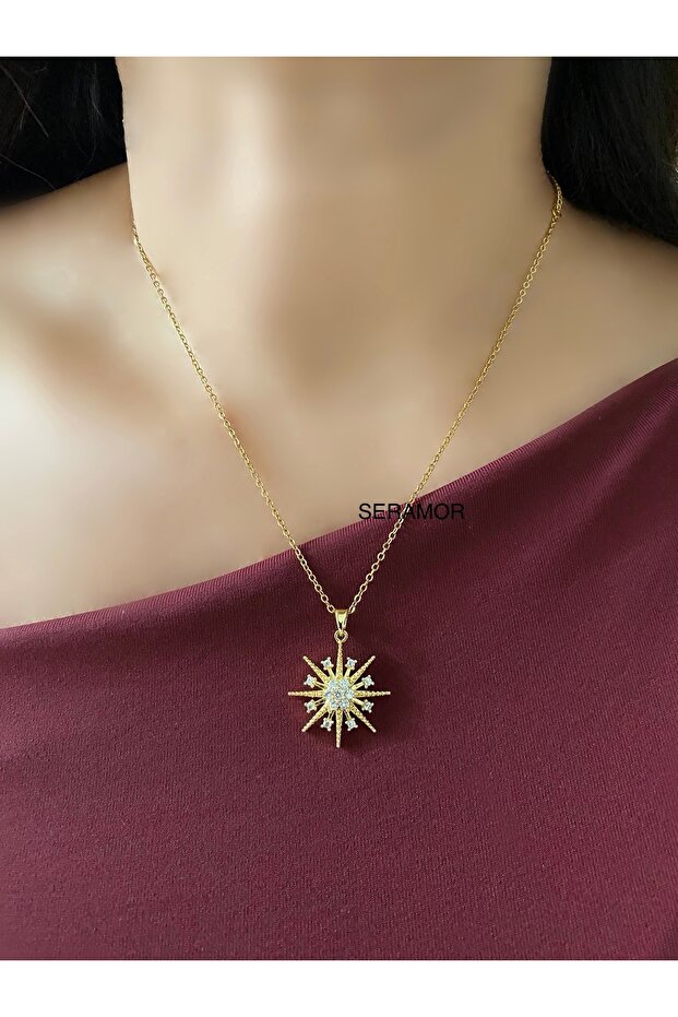 Non Tarnish Steel Fine Chain Stone Detailed Compass Necklace