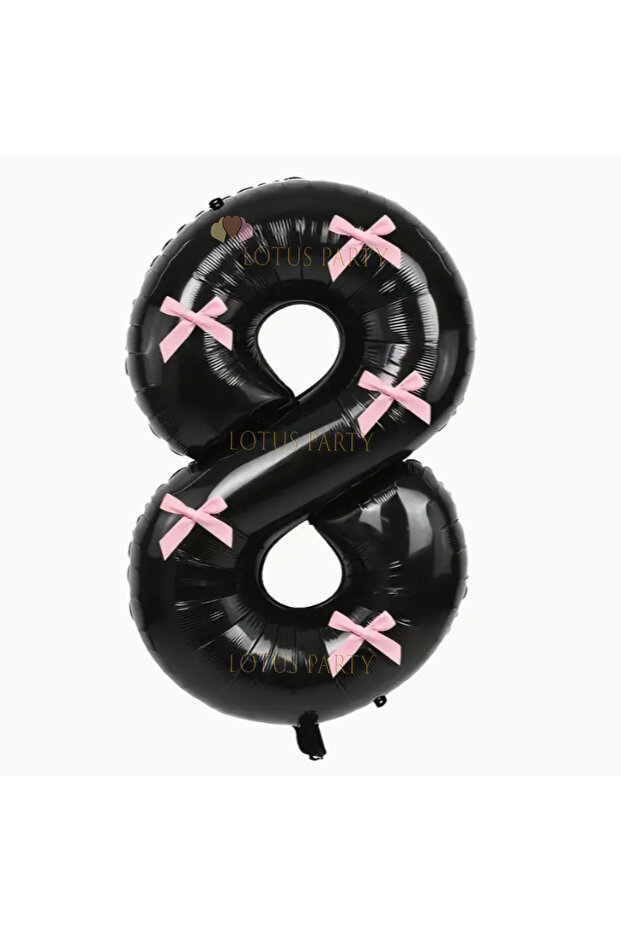 Black Number Balloon with Pink Ribbon - Black Number Pink Bow Balloon Age 8