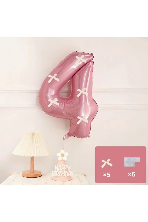 Pink Number Balloon with White Ribbon - Pink Number Balloon with White Bow for 4 Year Olds