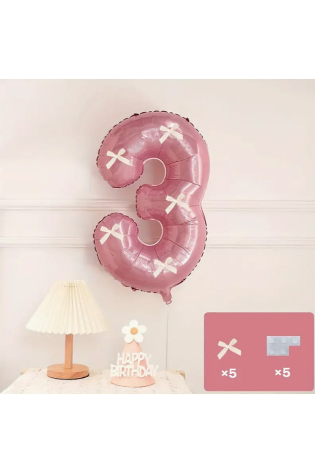 Pink Number Balloon with White Ribbon - Pink Number Balloon with White Bow, Age 3