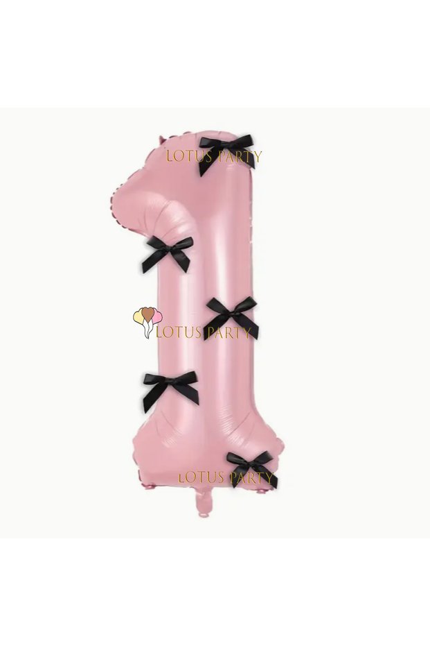 Pink Numeral Balloon with Black Ribbon - Pink Numeral Balloon with Black Bow 1 Year Old