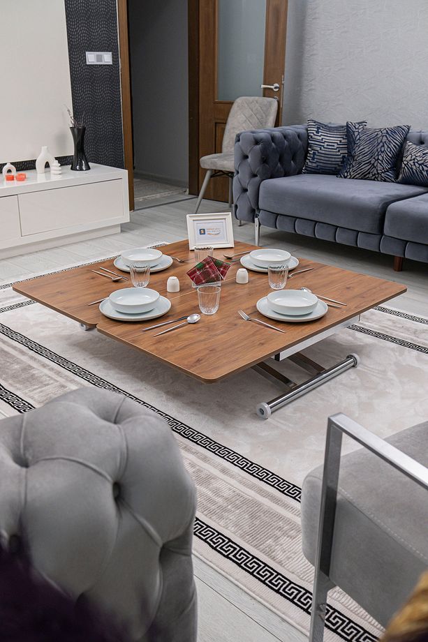 Akıllı Sehpa Home Üst Tabla Mdf Ceviz Oval Köşe Alt Mekanizma Krom Kaplama - 6
