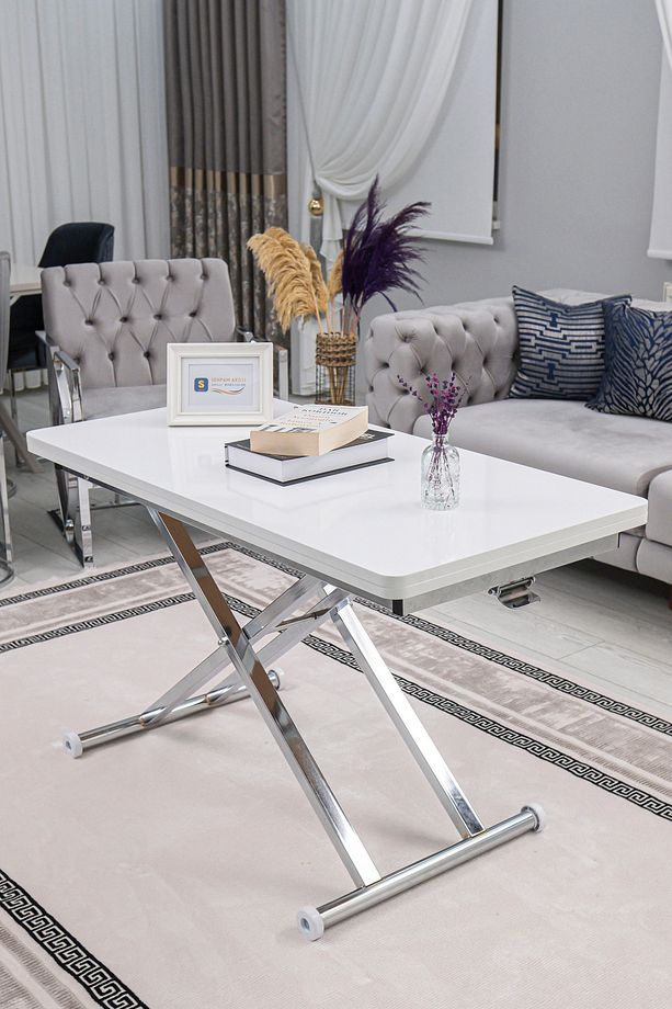 Akıllı Sehpa Home Üst Tabla Mdf Beyaz Oval Köşe Alt Ayak Krom Kaplama - 6