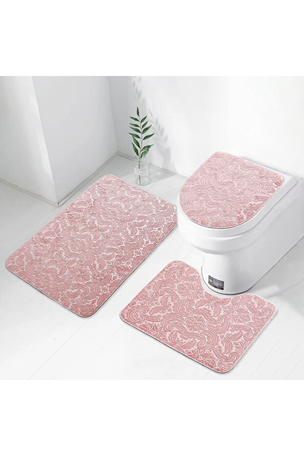 Damask 3-Piece Powder Ultrasoft Patterned Toilet Seat Set Bathroom Carpet Mat Set