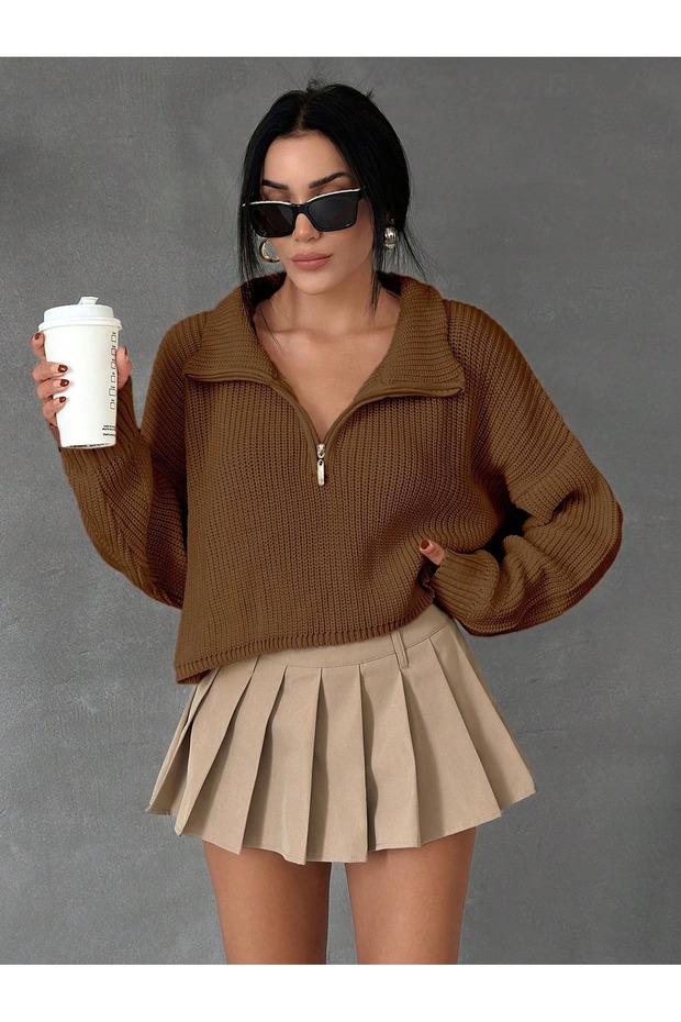 Women's Oversize Zippered Crop Knitwear Sweater Daily Use Seasonal