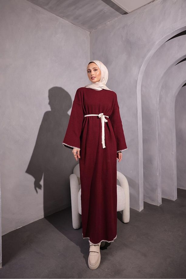 Etek kol örme detaylı bordo triko elbise - 3