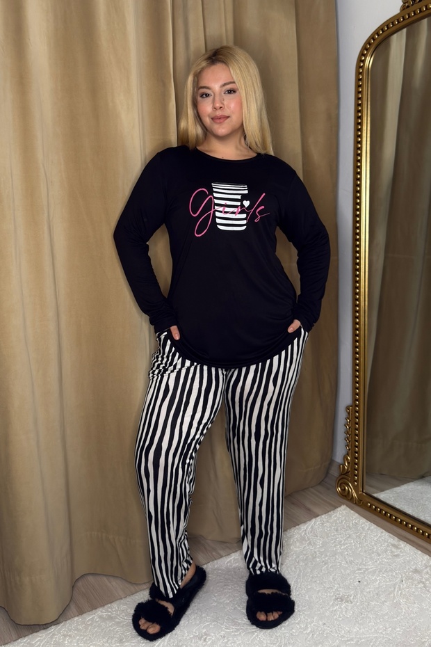 Women's Plus Size Letter Printed Long Sleeve Button Detailed Black Striped Pajamas Set