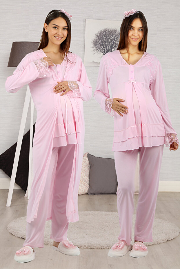 Pink Lace Dressing Gown Maternity Pajama Set Effortt