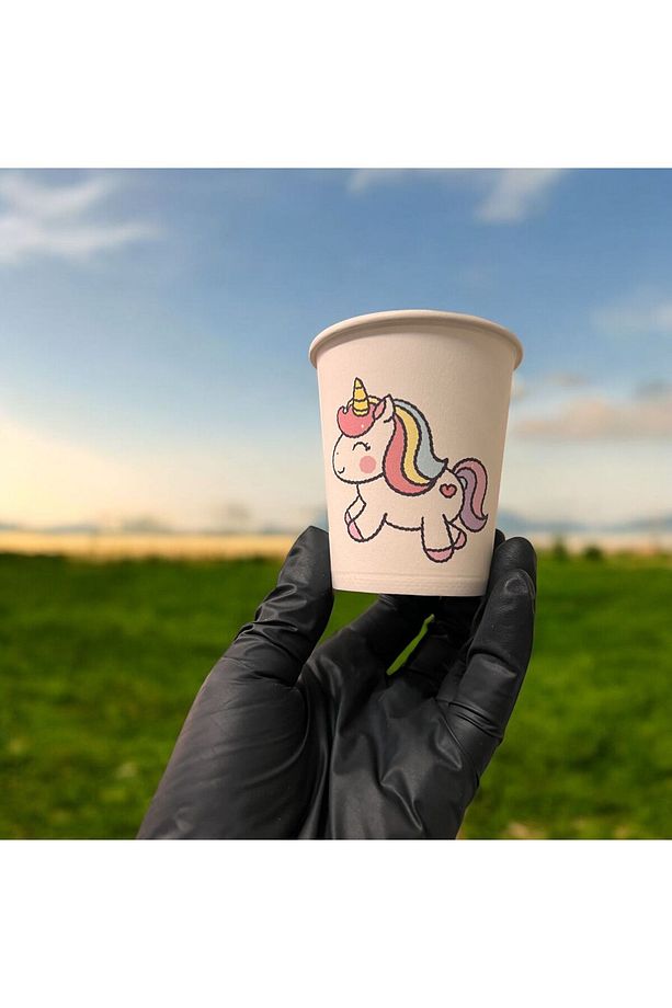unicorn doğumgünü konseptli Tek kullanımlık 7 Oz 50 Adet Karton Bardak - 3