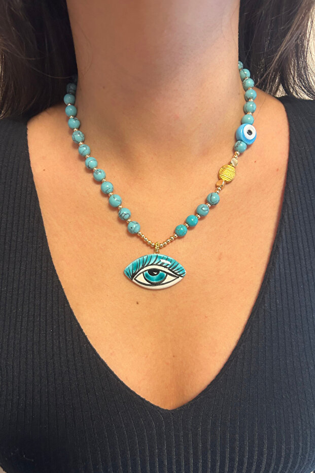 Handmade Turquoise Natural Stone Murano Glass Evil Eye Bead Evil Eye Eye Pendant Special Design Necklace