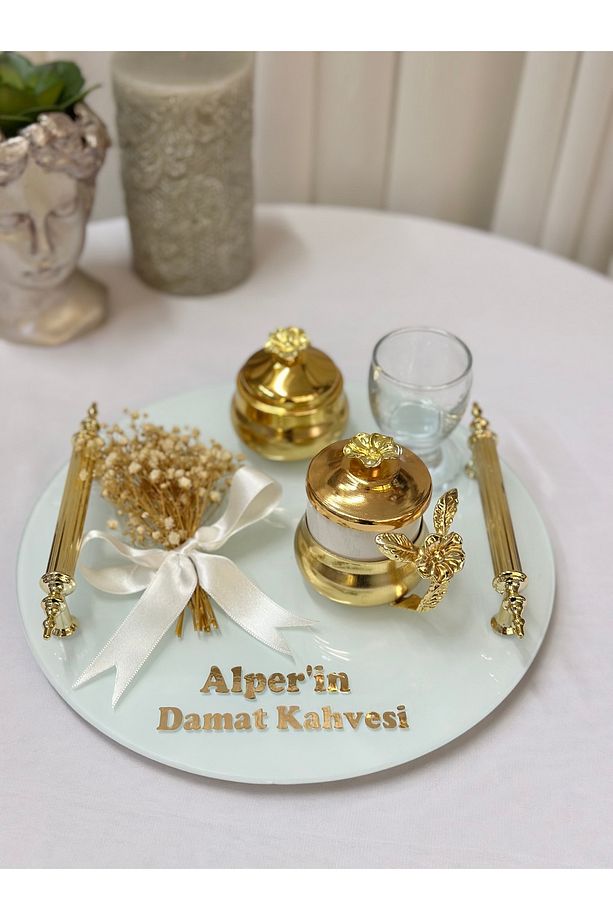 İsimli Gold Cam Söz Nişan Tepsi Seti Damat Kahve Fincan Tepsisi - 6