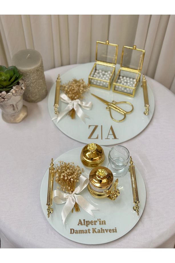 İsimli Gold Cam Söz Nişan Tepsi Seti Damat Kahve Fincan Tepsisi - 2