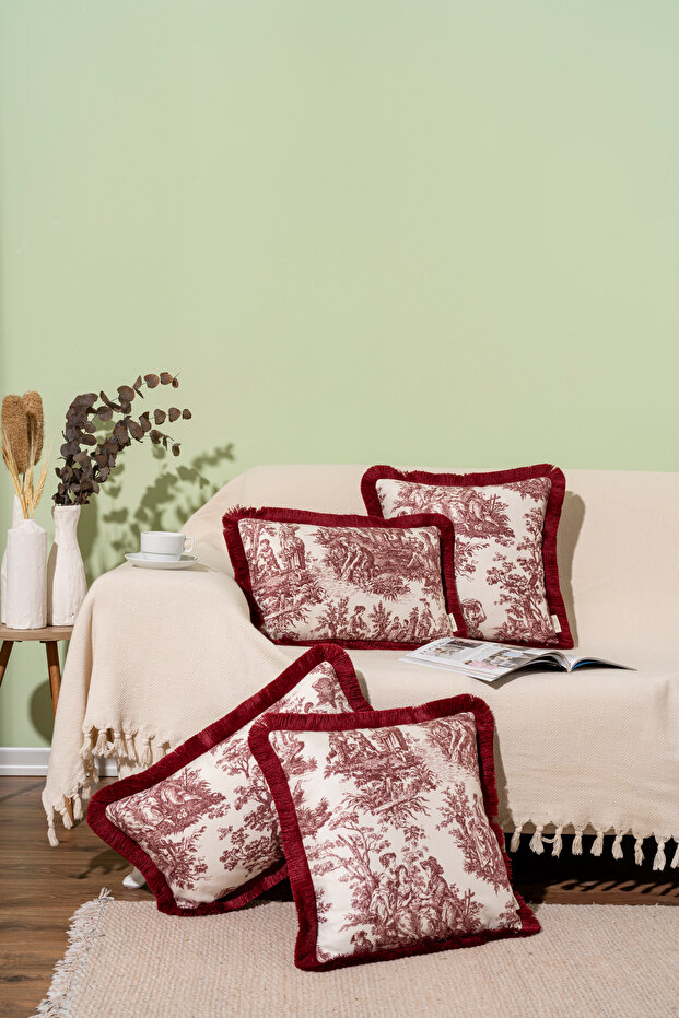 Burgundy Tasseled English Peasants Patterned Decorative 4-Piece Throw Pillow Cover Set