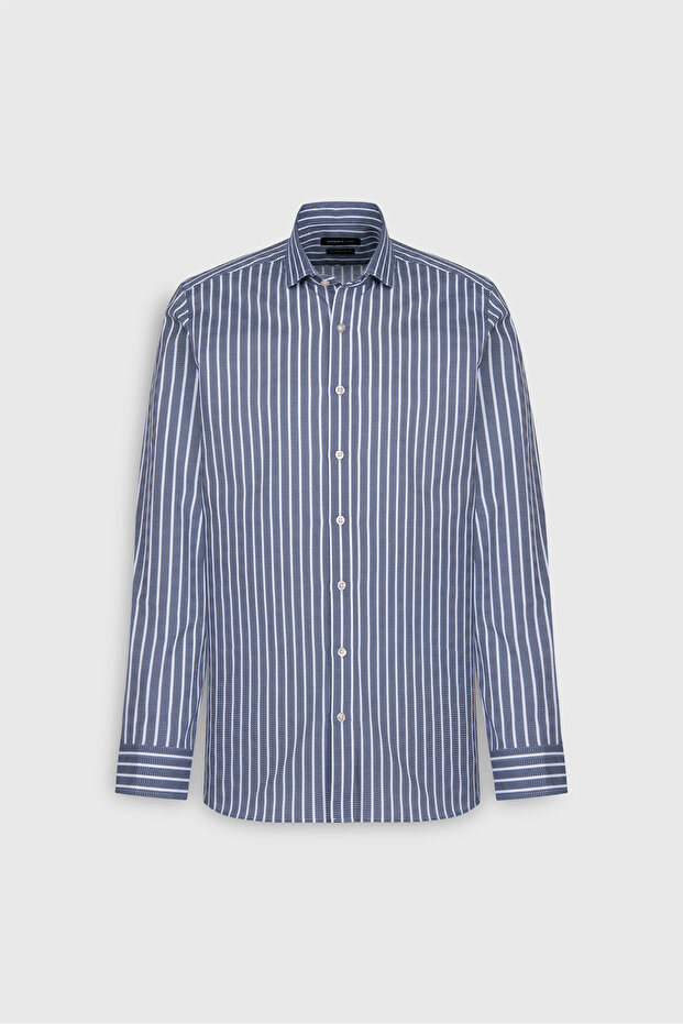 Erkek Beyaz-Lacivert %100 Pamuk Slim Fit Dar Kesim Küçük İtalyan Yaka Çizgili Gömlek - 7