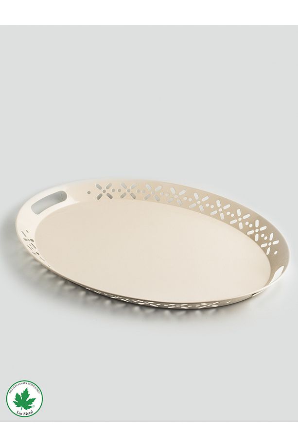 Lalin Tepsi Metal Oval Servis Tepsisi , Romantik Tepsi, Büyük Tepsi, Çay Kahve Tepsisi Krem - 6
