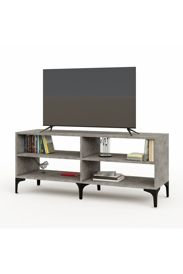 Modern TV Stand with 4 Open Shelves, Monitor and TV Stand for Home and Office-Light Concrete
