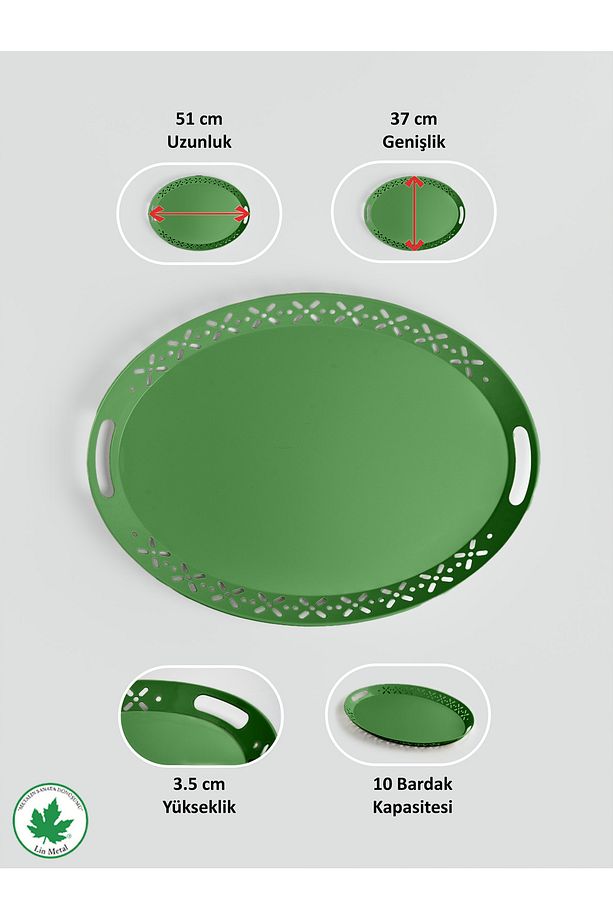 Lalin Tepsi Metal Oval Servis Tepsisi, Romantik Tepsi, Büyük Tepsi, Çay Kahve Tepsisi Yeşil - 5