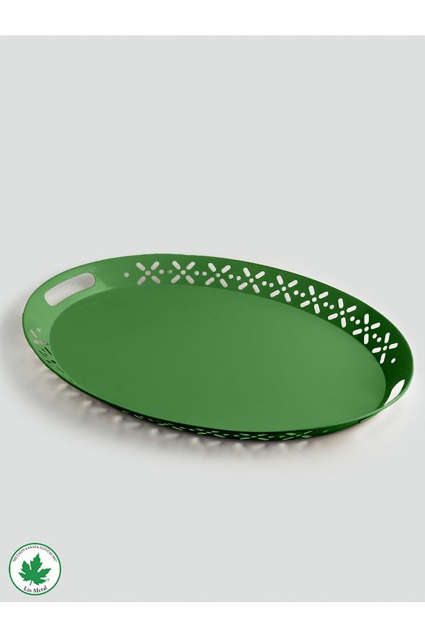Lalin Tepsi Metal Oval Servis Tepsisi, Romantik Tepsi, Büyük Tepsi, Çay Kahve Tepsisi Yeşil - 7