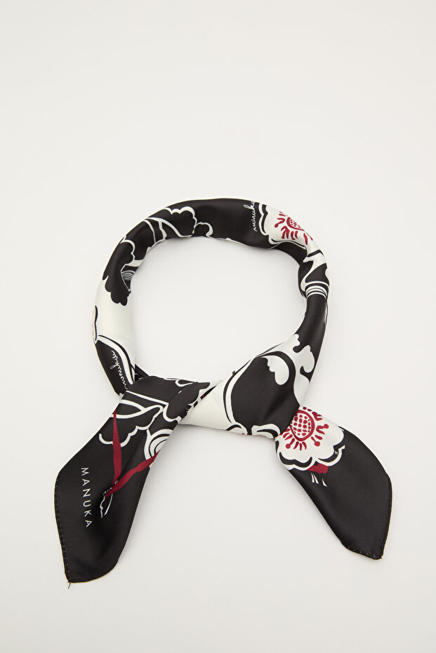 Sakura Patterned Satin Neck Scarf - Czarny - 3