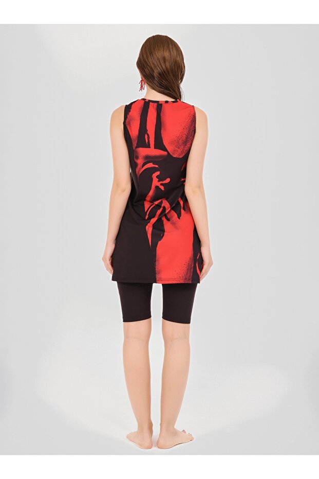 Ruby Patterned Zero Sleeve Semi-Closed Swimsuit - Black - - 6