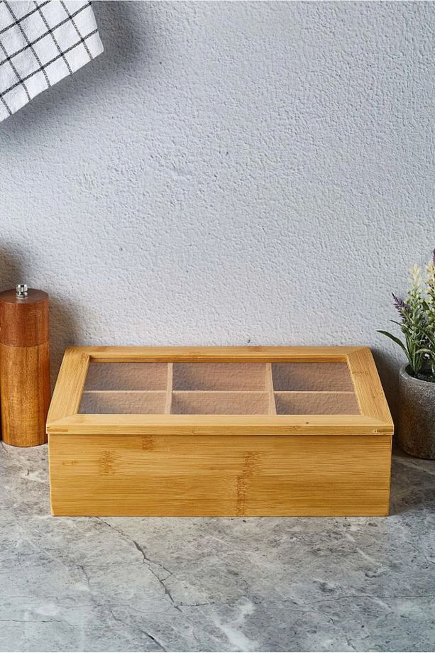 Bambu 6 Bölmeli Çay Kutusu Organizer Kapaklı Bitki Çayı Saklama Kutusu - 3