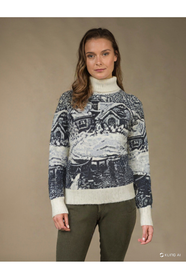 Kaşmir Yün Kazak Göl Manzaralı Kadın - 1